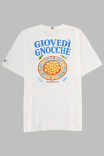 Mc2 Saint Barth men’s white cotton t-shirt with colorful gnocchi bowl illustration and giovedì gnocchi text