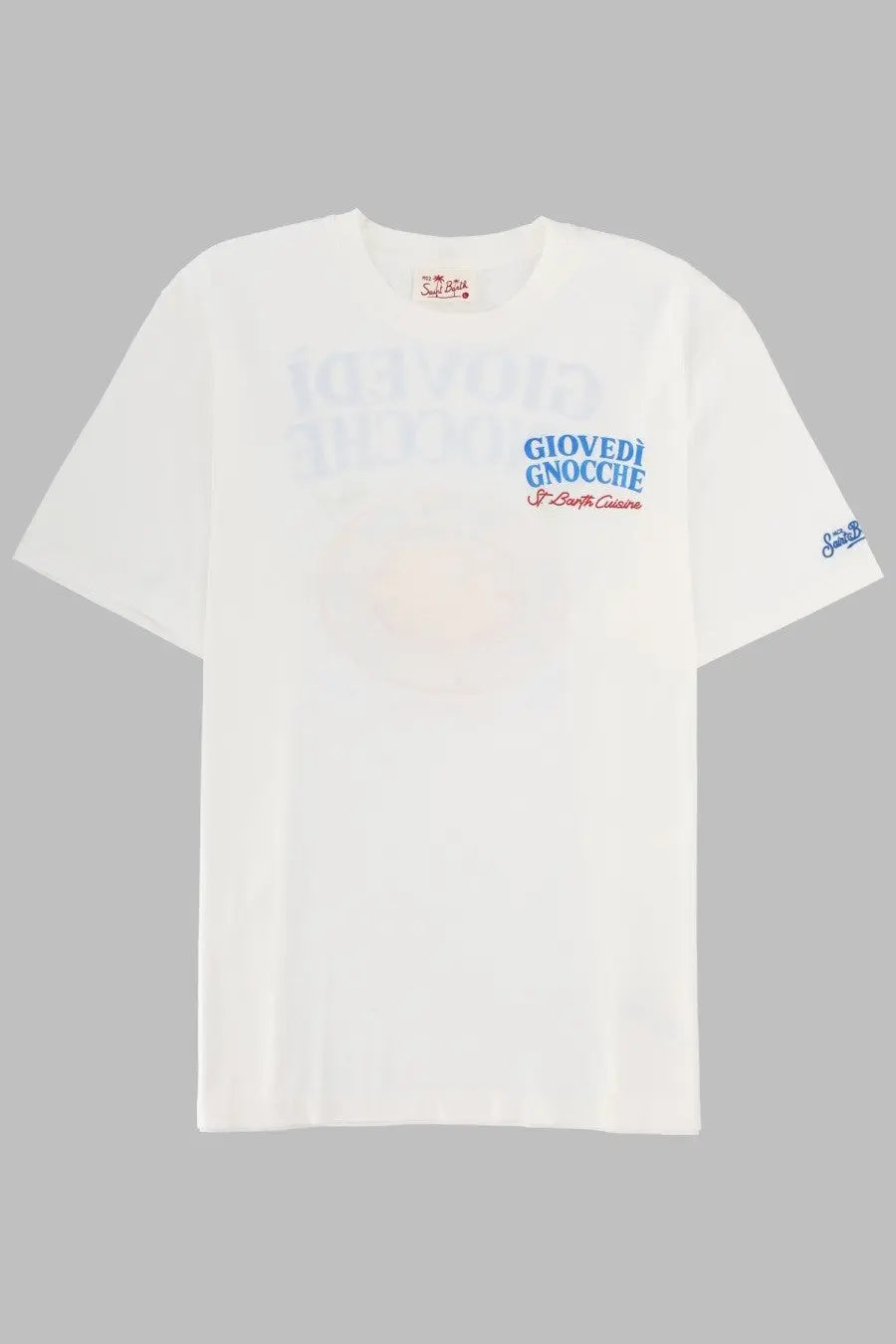 White cotton mens t shirt by mc2 saint barth with faded blue and red giovedi gnocchie graphic and abstract food design