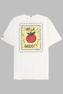 White cotton t-shirt with playful red apple stamp and mela text from mc2 saint barth men’s shirt con stampa white