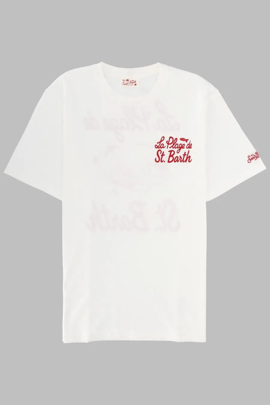 White cotton Mc2 Saint Barth men’s t-shirt with red cursive la plage de st print on the front