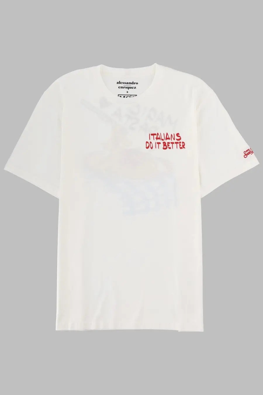 Mc2 Saint Barth men’s white cotton t-shirt with red italians do it better text and sleeve logo