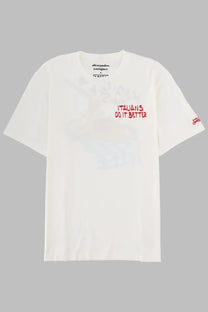 Mc2 Saint Barth men’s white cotton t-shirt with red italians do it better text and sleeve logo