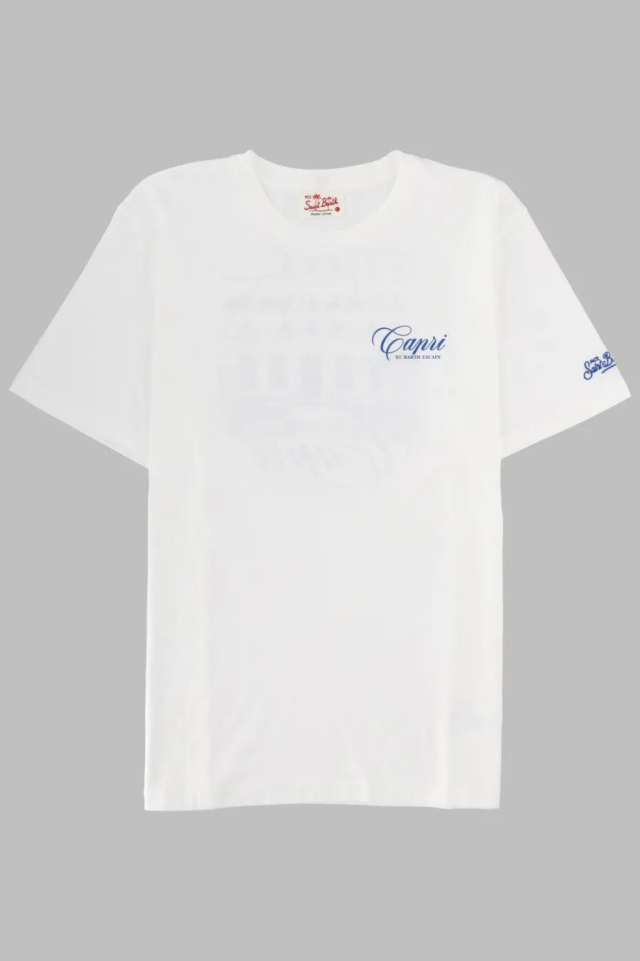 Mc2 Saint Barth men’s white cotton t-shirt with blue cursive capri logo and matching sleeve patch, classic crew neck design