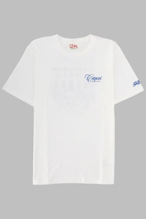 Mc2 Saint Barth men’s white cotton t-shirt with blue cursive capri logo and matching sleeve patch, classic crew neck design