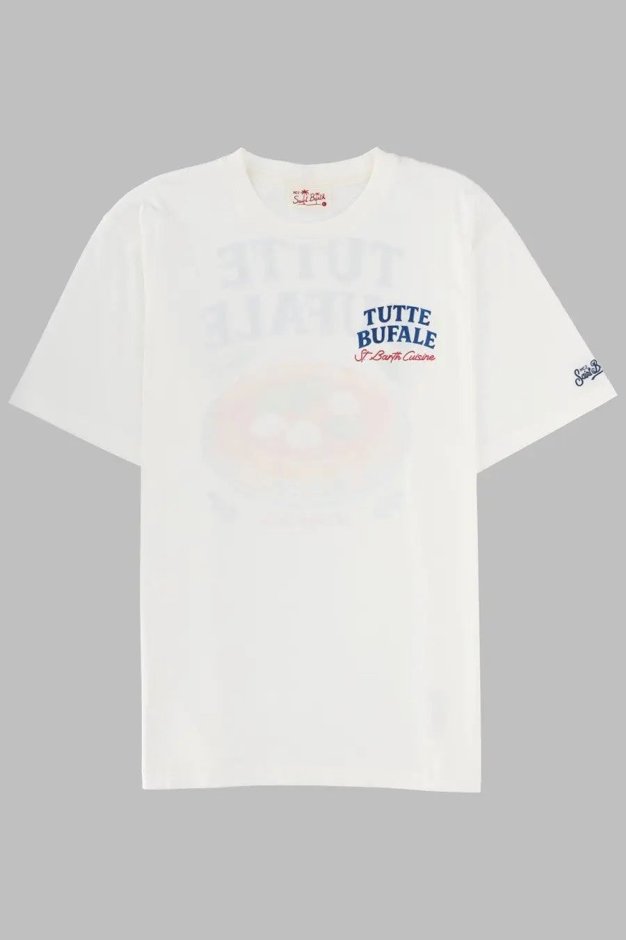Mc2 Saint Barth men’s white cotton t-shirt with subtle faded graphic and blue tutte bufale text with red accents