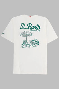 White cotton mс2 saint barth men shirt with teal graphic of beach chairs umbrella and scooter and st text