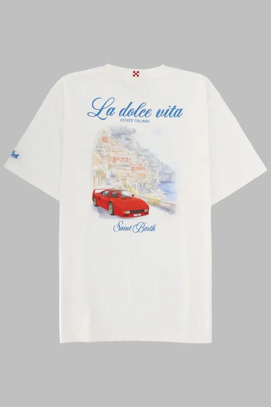 Mc2 Saint Barth men’s white cotton t-shirt with watercolor red Ferrari and coastal Italian village graphic
