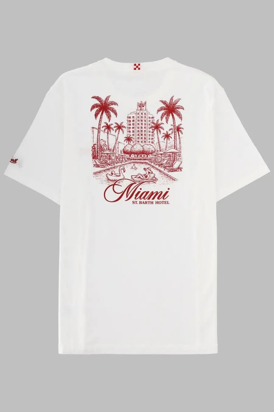 Mc2 Saint Barth men’s white short-sleeved t-shirt with red Miami St. graphic printed on front