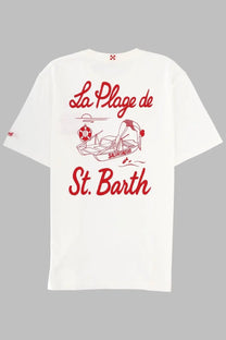 White t-shirt by mc2 saint barth with red beach scene graphic and la plage de st text on front