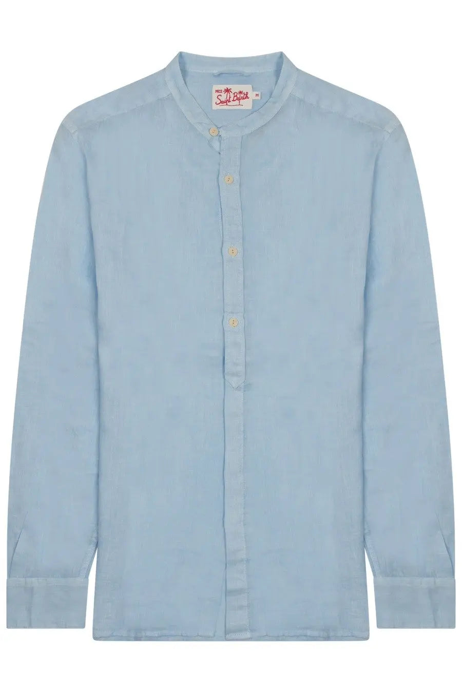 Light blue linen shirt with mandarin collar and matching buttons from Mc2 Saint Barth men’s Naxos Blue collection
