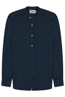 Navy blue Mc2 Saint Barth men’s long-sleeved button-up shirt with stand collar and light-colored buttons