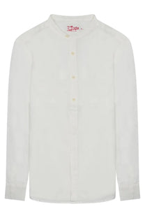 Mc2 Saint Barth men’s white long-sleeved button-up shirt with mandarin collar and red branding at neckline