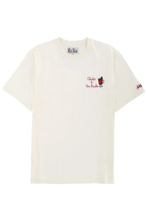 Cream-colored cotton Mc2 Saint Barth men’s t-shirt with red embroidered cocktail mug and chatel &amp; van brakle text on chest and sleeve