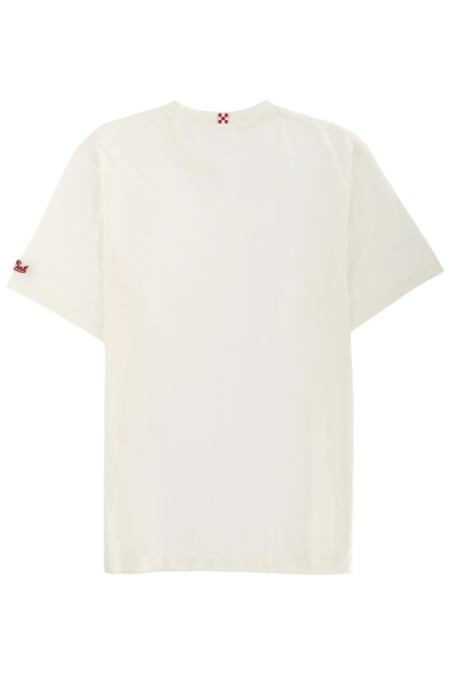 Cream-colored cotton Mc2 Saint Barth men’s shirt with subtle red embroidered details on sleeve and neckline