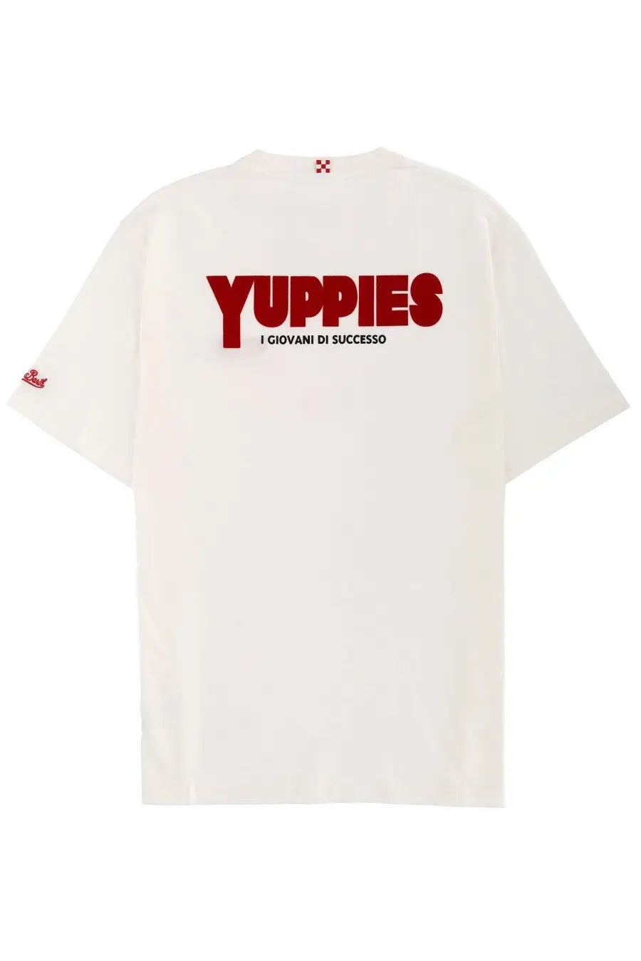 Mc2 Saint Barth men’s white cotton t-shirt with bold red yuppies lettering and italian phrase i giovani di successo