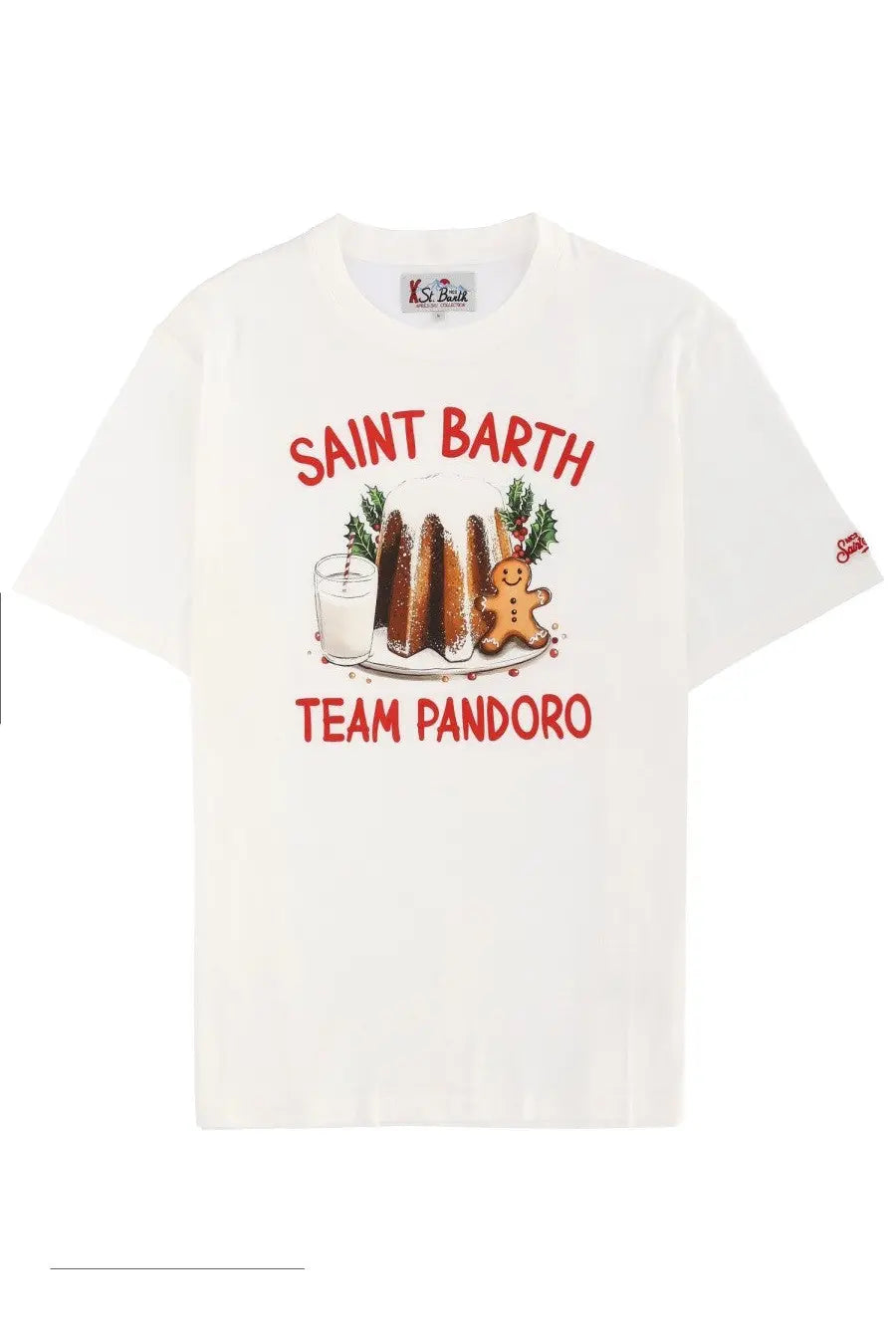 White cotton Mc2 Saint Barth men’s t-shirt with festive gingerbread men and glass of milk graphic and red branded text