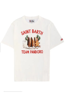 White cotton Mc2 Saint Barth men’s t-shirt with festive gingerbread men and glass of milk graphic and red branded text