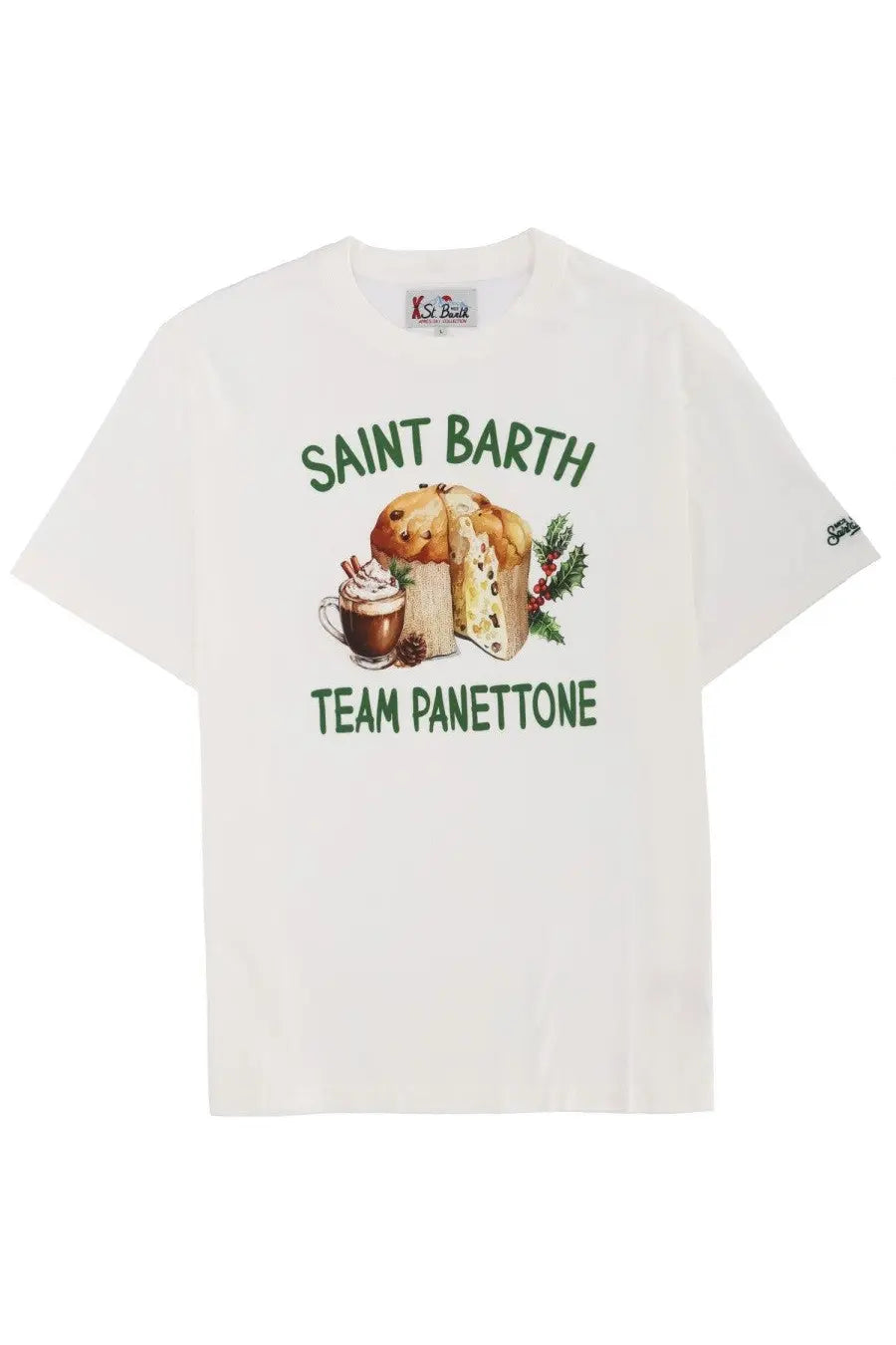White cotton Mc2 Saint Barth men’s t-shirt with festive panettone, hot chocolate, and holly graphic in green text