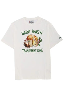 White cotton Mc2 Saint Barth men’s t-shirt with festive panettone, hot chocolate, and holly graphic in green text