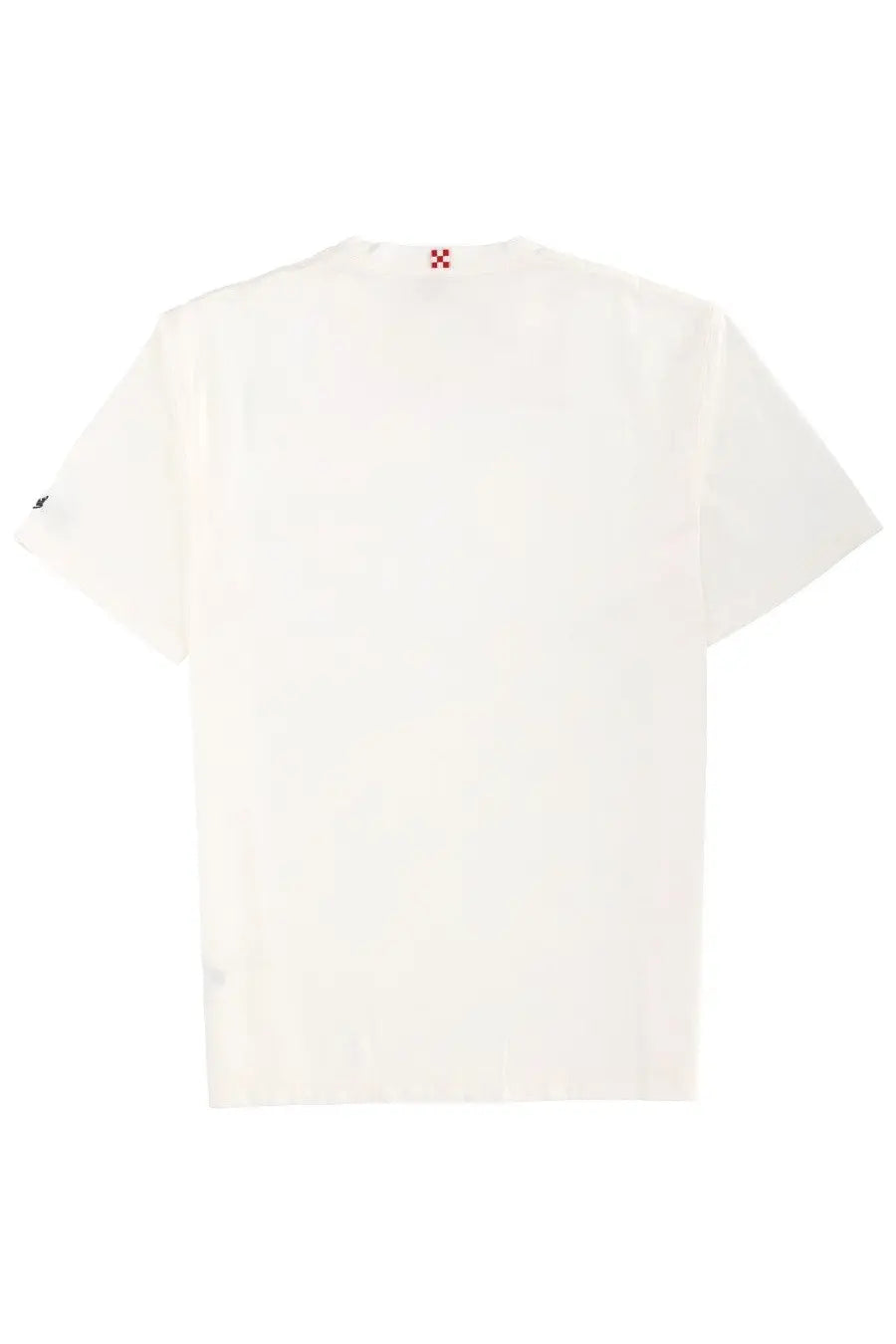 White cotton mc2 saint barth men’s t-shirt with small red neckline logo and subtle black sleeve emblem