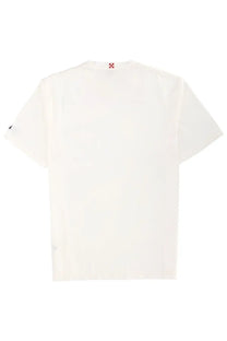 White cotton mc2 saint barth men’s t-shirt with small red neckline logo and subtle black sleeve emblem