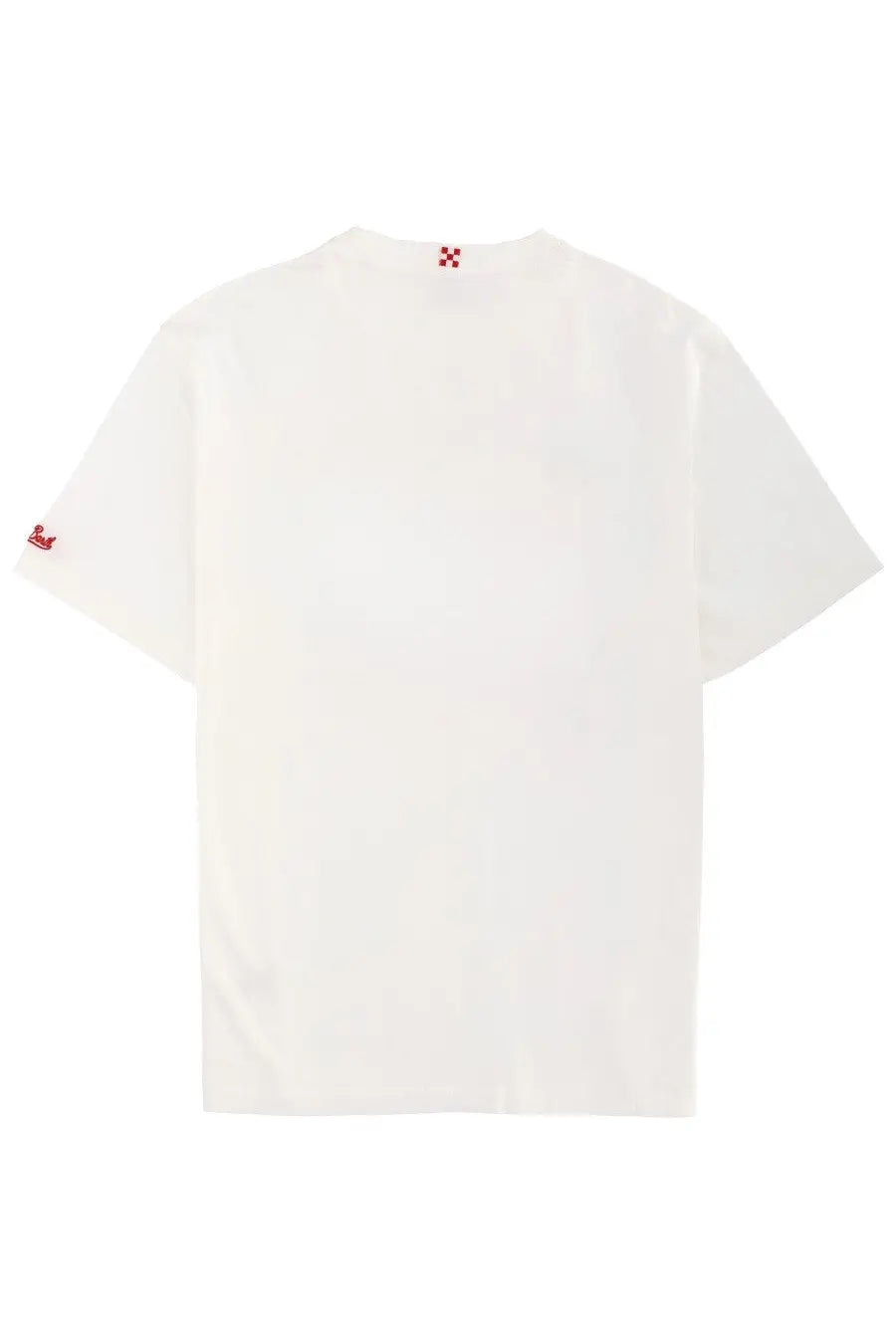 Mc2 Saint Barth men’s white cotton t-shirt with subtle red embroidered details on collar and sleeve