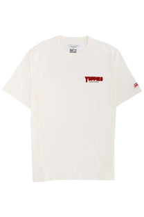 Mc2 Saint Barth men’s off-white short-sleeved t-shirt with red yuppies logo and subtle branding on chest