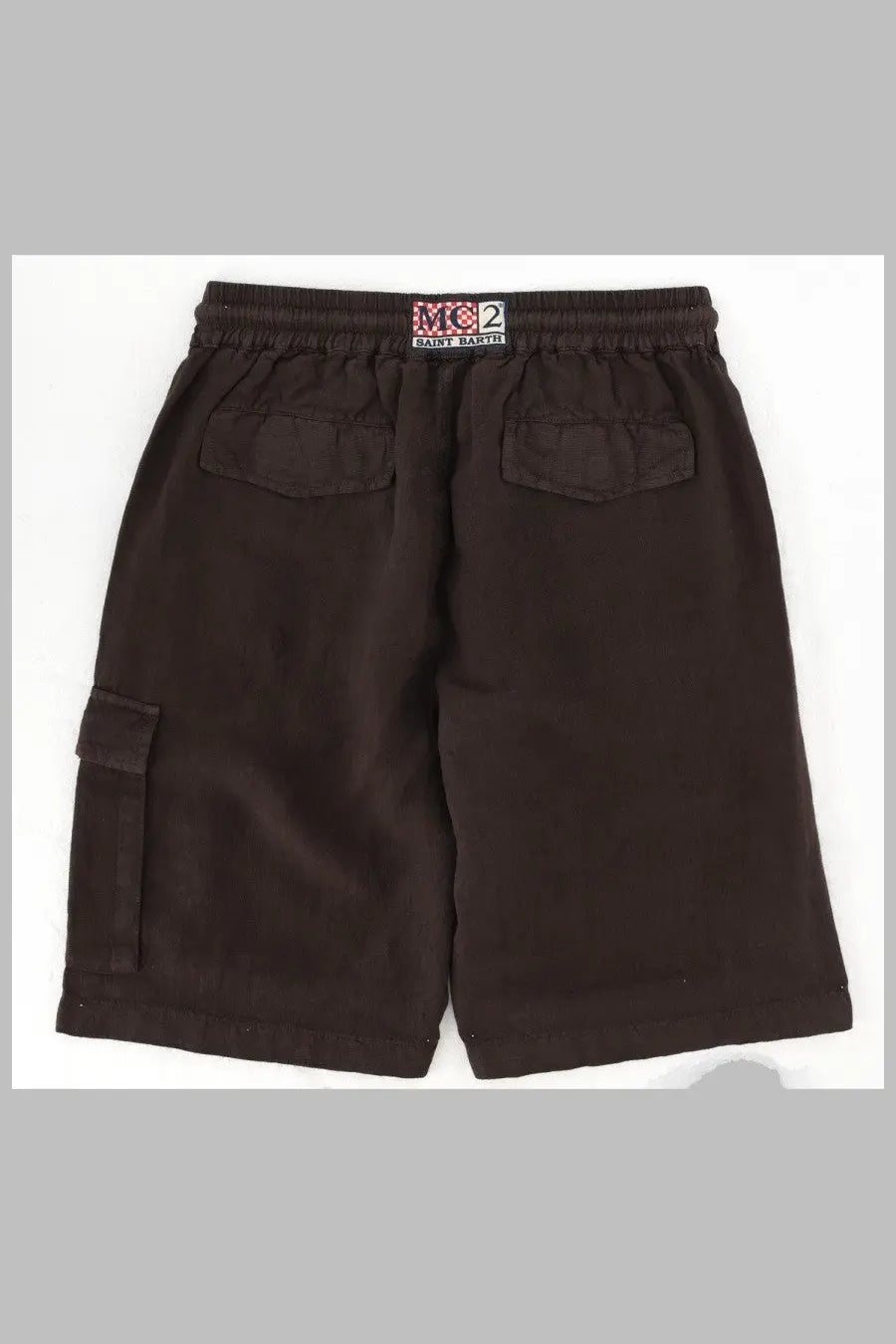 Back view of mc2 saint barth men’s dark brown linen cargo shorts with drawstring waistband and two back pockets