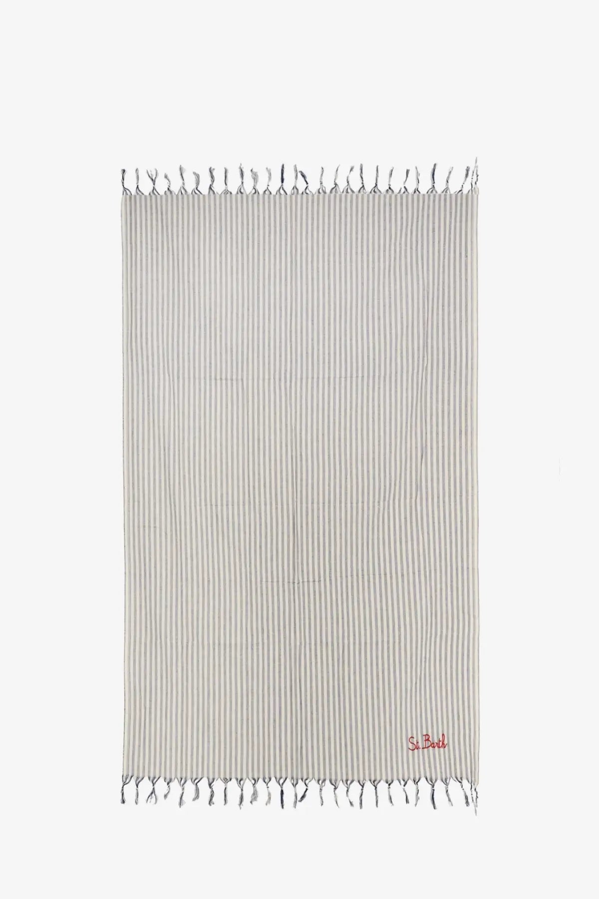 Mc2 Saint Barth men’s striped cotton beach towel in soft off-white with gray vertical stripes and fringed edges