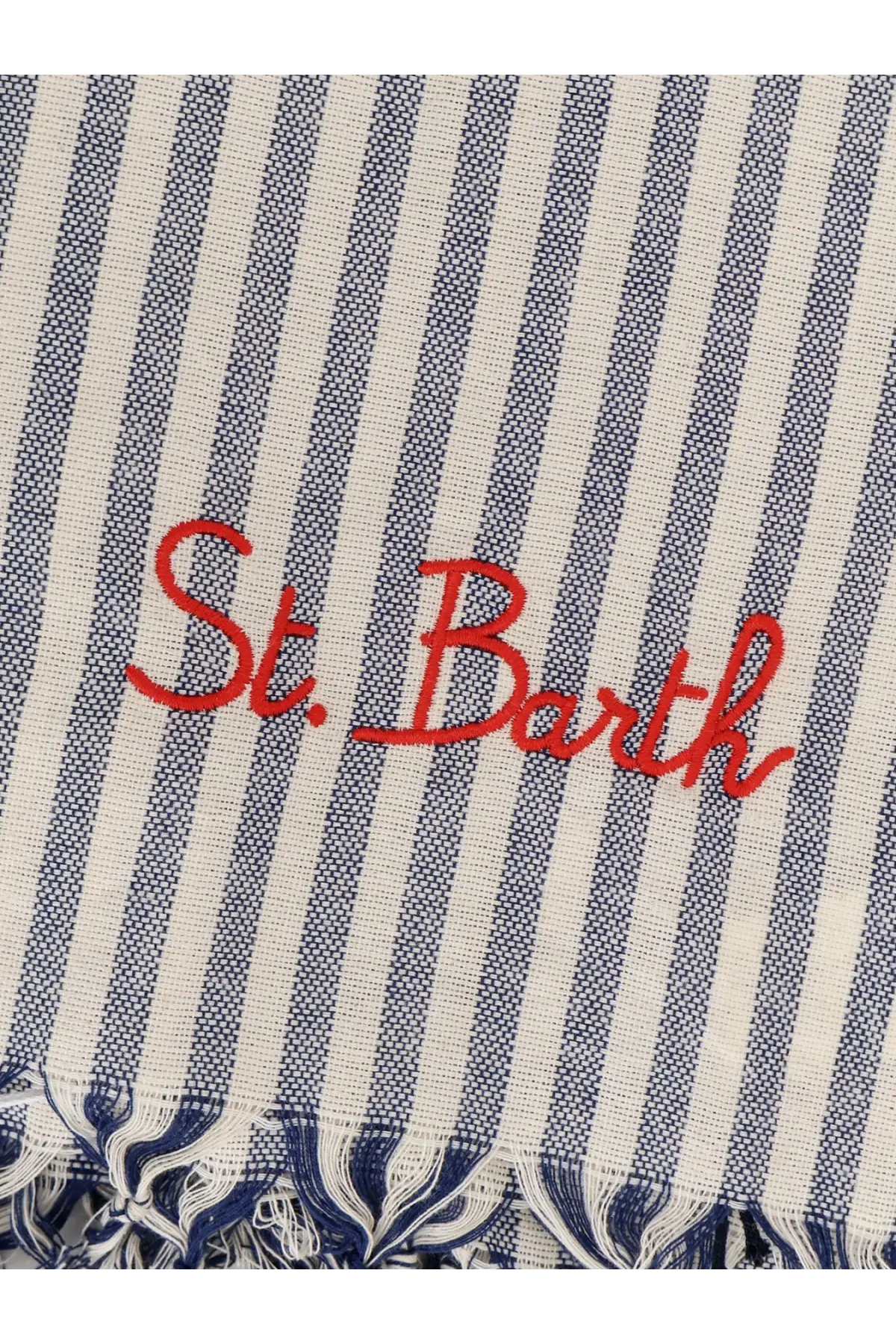 Mc2 Saint Barth men’s striped cotton beach towel in blue and white with red embroidered st detail