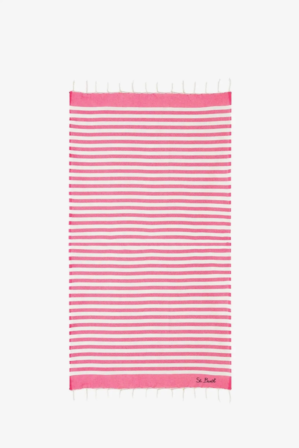 Mc2 Saint Barth men’s striped cotton beach towel in red with pink and white stripes and fringed edges