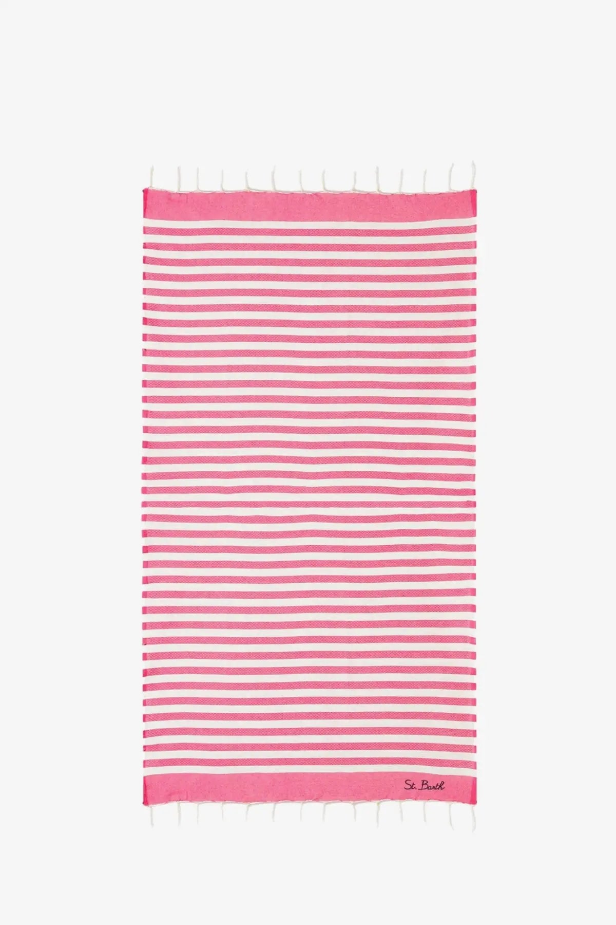 Mc2 Saint Barth men’s striped cotton beach towel in red with pink and white stripes and fringed edges