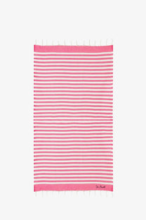 Mc2 Saint Barth men’s striped cotton beach towel in red with pink and white stripes and fringed edges
