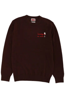 Mc2 Saint Barth men’s dark brown crewneck sweater with small embroidered wine glass and red cursive text on left chest