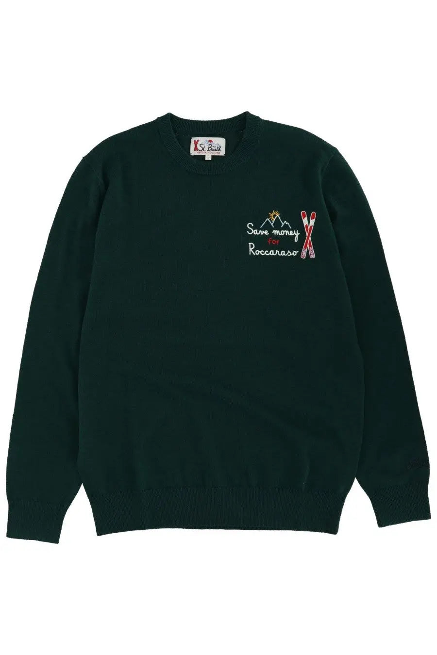 Mc2 Saint Barth men’s dark green knit sweater with embroidered mountains skis and save money for roccaraso text
