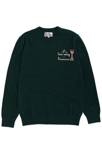Mc2 Saint Barth men’s dark green knit sweater with embroidered mountains skis and save money for roccaraso text