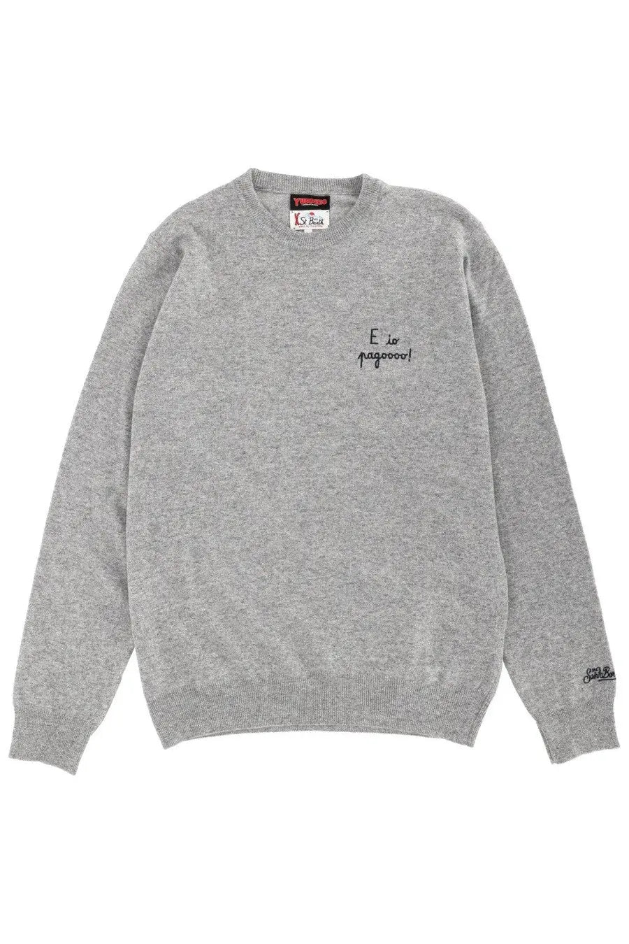 Gray heathered knit sweater with black embroidered text on the chest and a brand tag at the collar by mc2 saint barth