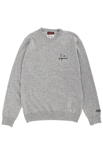 Gray heathered knit sweater with black embroidered text on the chest and a brand tag at the collar by mc2 saint barth