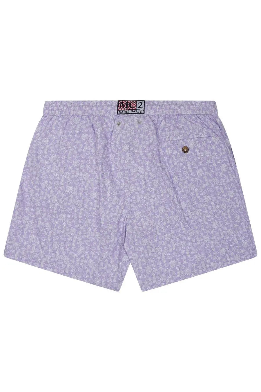 Mc2 Saint Barth men’s swimsuit in light purple with subtle all-over print and elastic waistband swim trunks