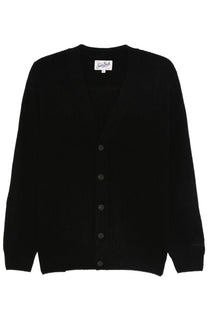 Black wool knit cardigan by Mc2 Saint Barth with a v-neck five dark buttons and subtle textured weave