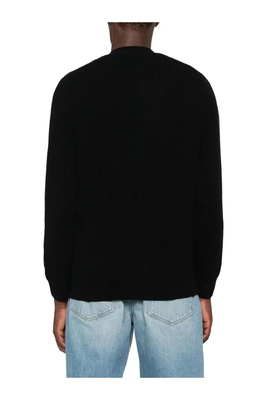Mc2 Saint Barth men’s black wool cardigan with ribbed crew neck long sleeves and cuffs in knit fabric