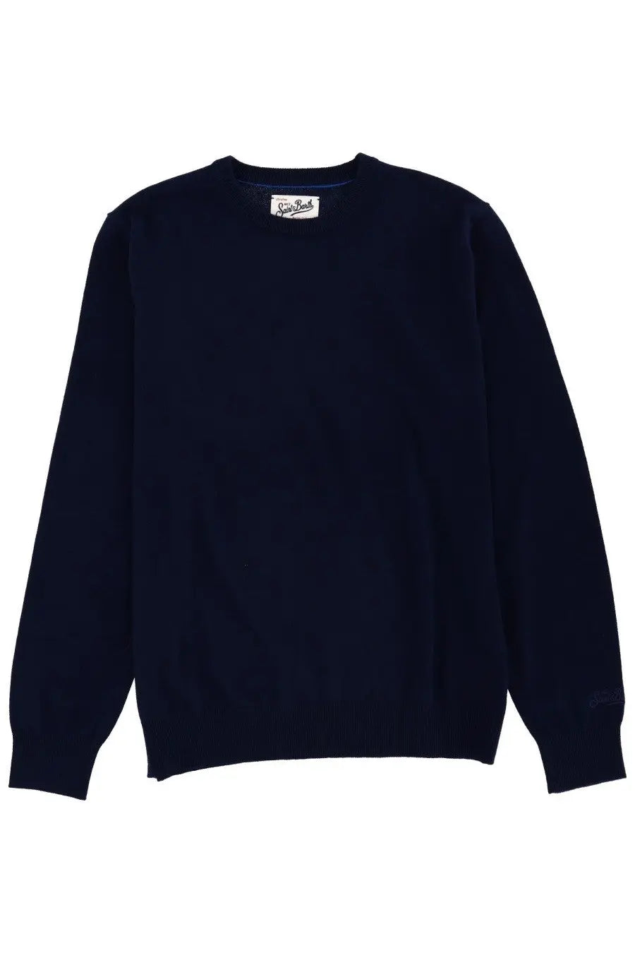 Mc2 Saint Barth men’s dark navy blue wool crewneck sweater with ribbed cuffs hem and white label at neckline
