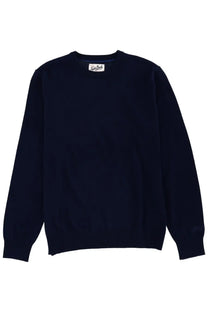 Mc2 Saint Barth men’s dark navy blue wool crewneck sweater with ribbed cuffs hem and white label at neckline