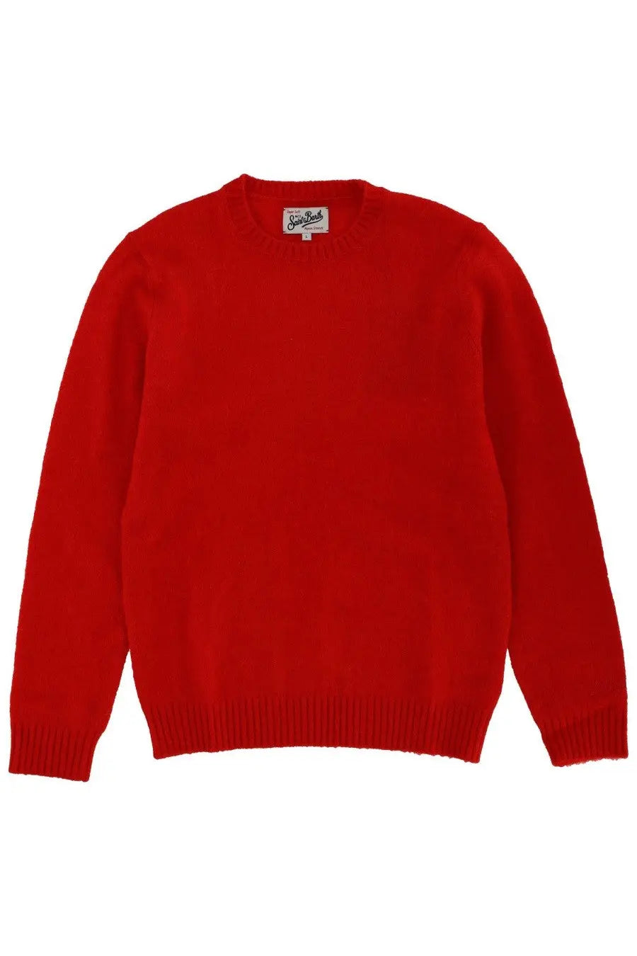 Mc2 Saint Barth men’s vibrant red wool sweater with long sleeves ribbed cuffs and hem crewneck design