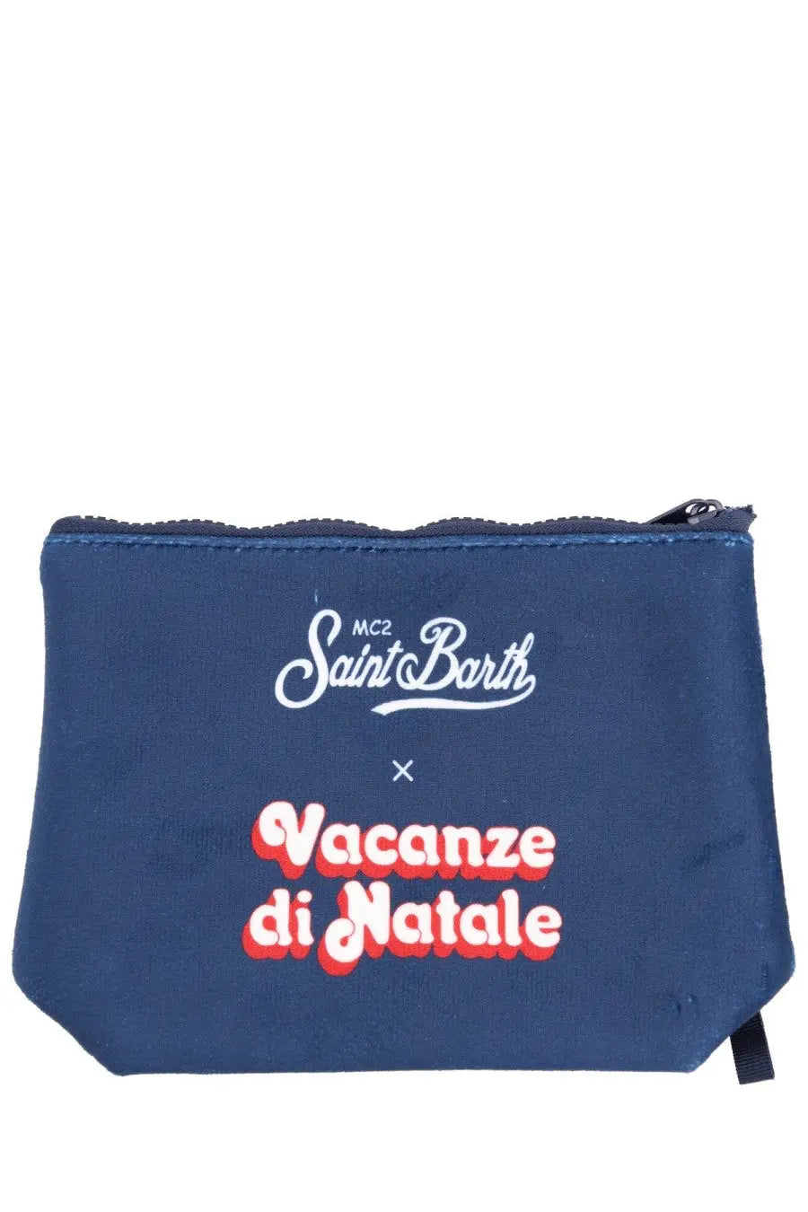 Navy blue fabric pouch clutch bag with white and red embroidered mc2 saint barth x vacanze di natale logo