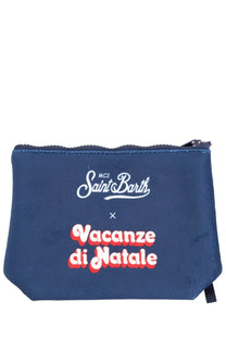 Navy blue fabric pouch clutch bag with white and red embroidered mc2 saint barth x vacanze di natale logo