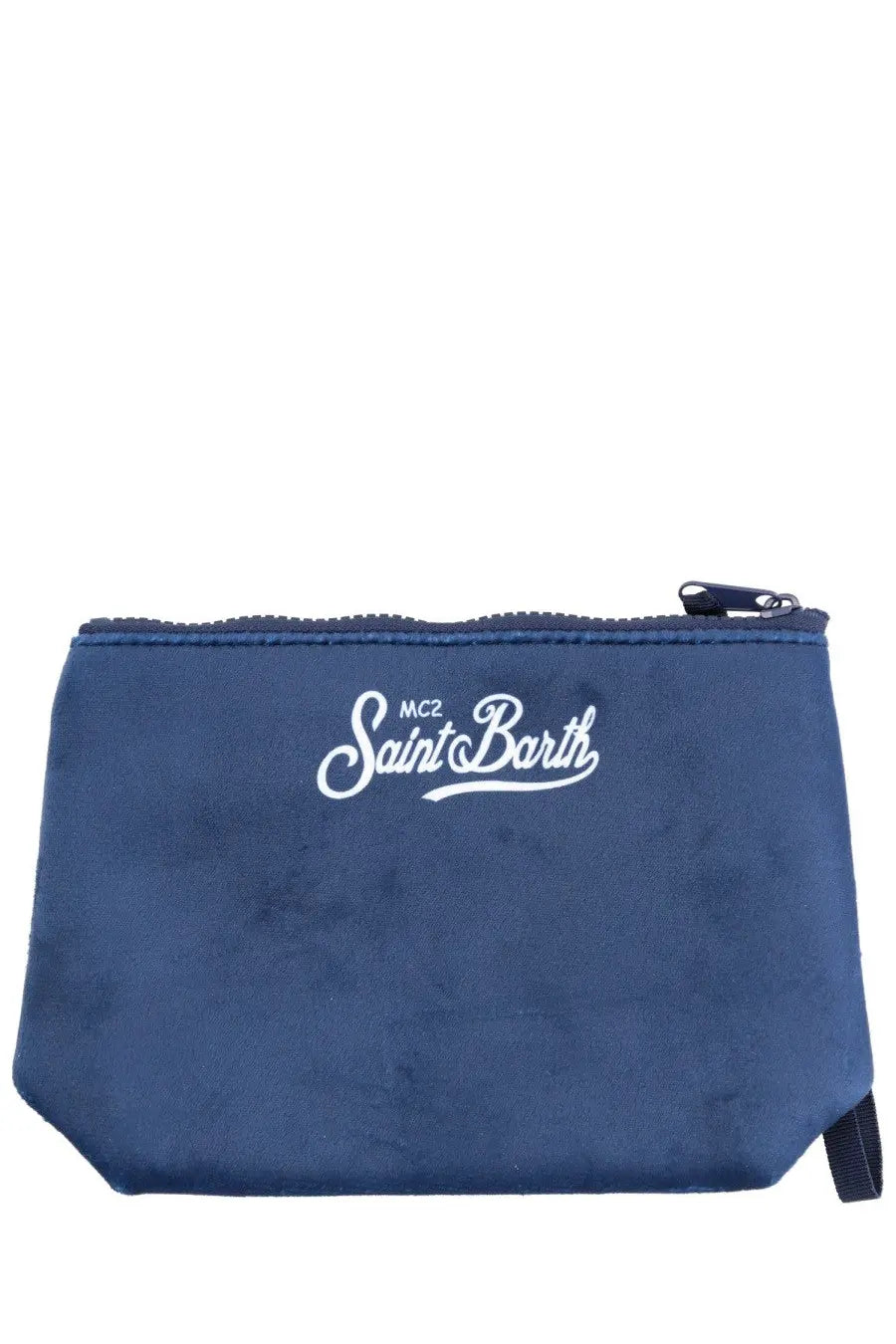Navy blue suede-like zippered clutch bag with white mc2 saint barth logo embroidered in cursive script