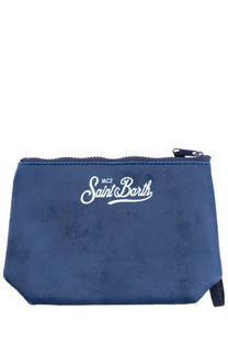 Navy blue suede-like zippered clutch bag with white mc2 saint barth logo embroidered in cursive script