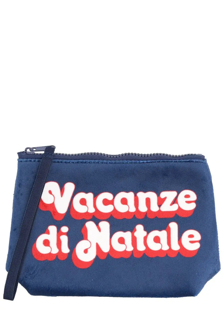 Navy blue suede wristlet with bold red and white vacanze di natale lettering mc2 saint barth unisex clutch bag aline blue
