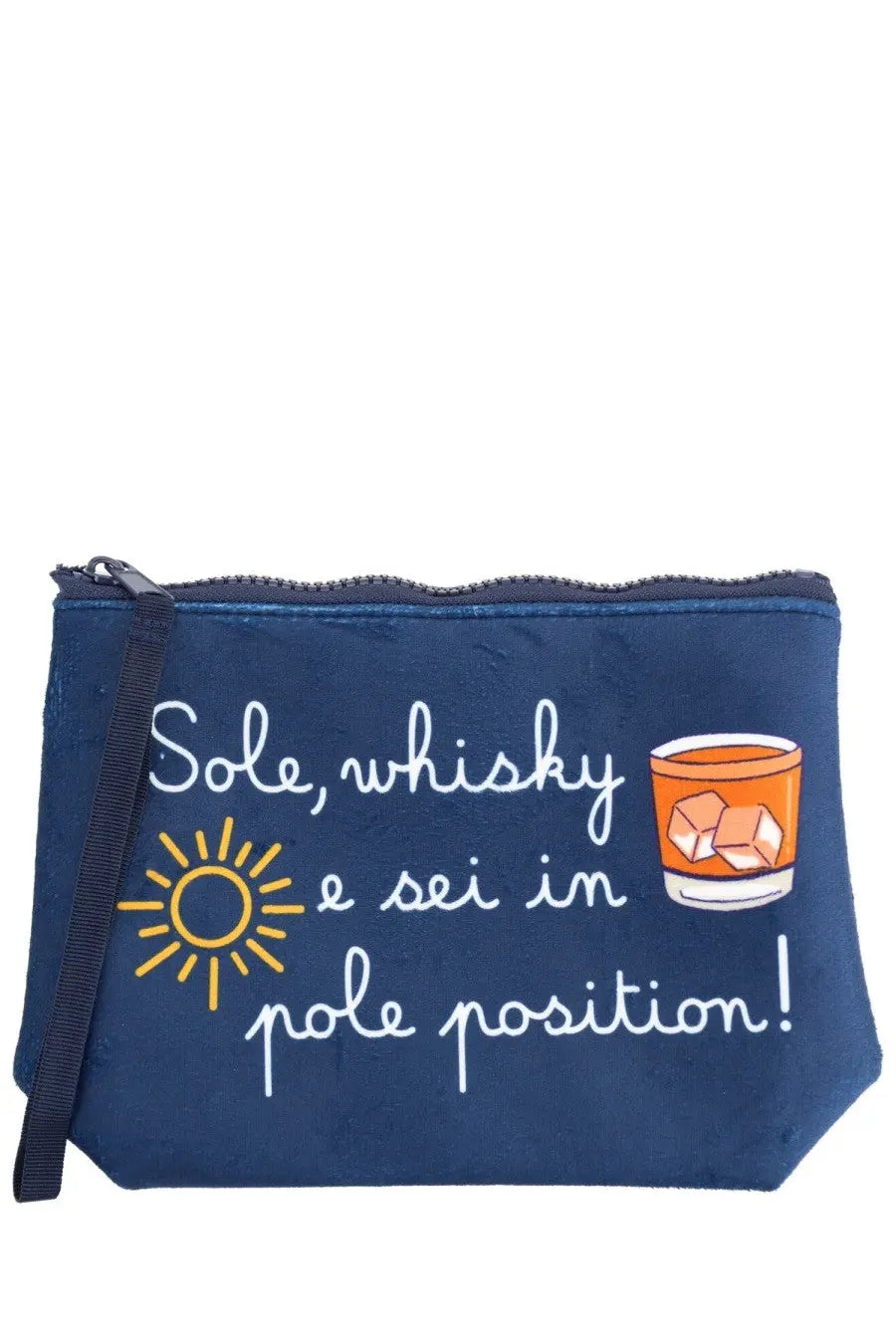 Navy blue velvet Mc2 Saint Barth unisex clutch bag with white cursive text yellow sun and orange whiskey glass graphics